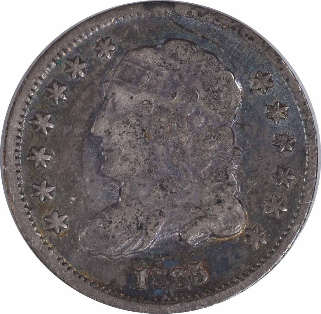 1835 Bust Silver Half Dime F Uncertified: 1835 Bust Silver Half Dime F Uncertified The 1835 Bust Silver Half Dime features a Capped Bust design by William Kneass, with an impressive diameter of 15.90 millimeters and a reeded edge. This