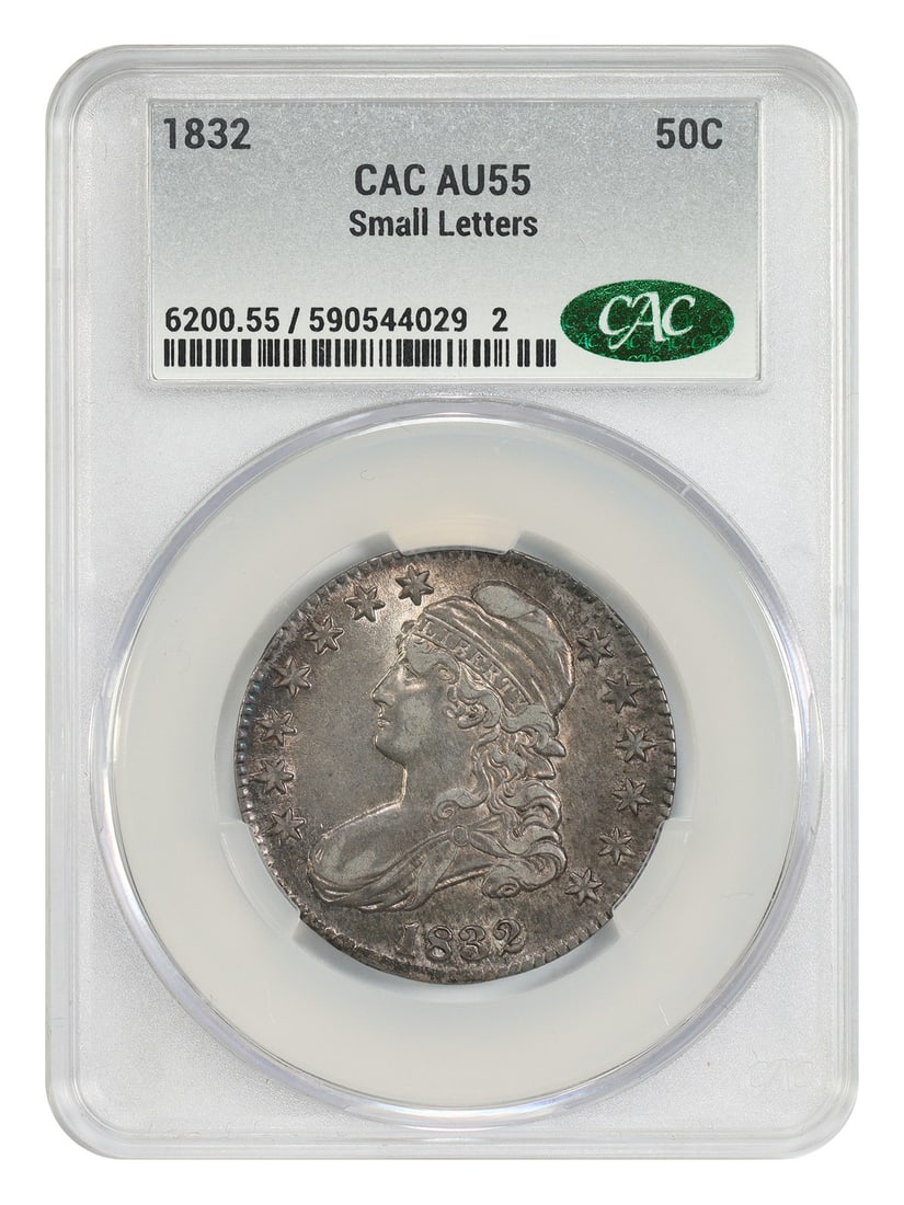 1832 50C CACG AU55 (Small Letters) - Capped Bust Half Dollar: 1832 50C CACG AU55 (Small Letters) - Capped Bust Half Dollar The CACG graded 1832 50C Capped Bust Half Dollar boasts an AU55 grade and features small letters, showcasing its circulated condition.