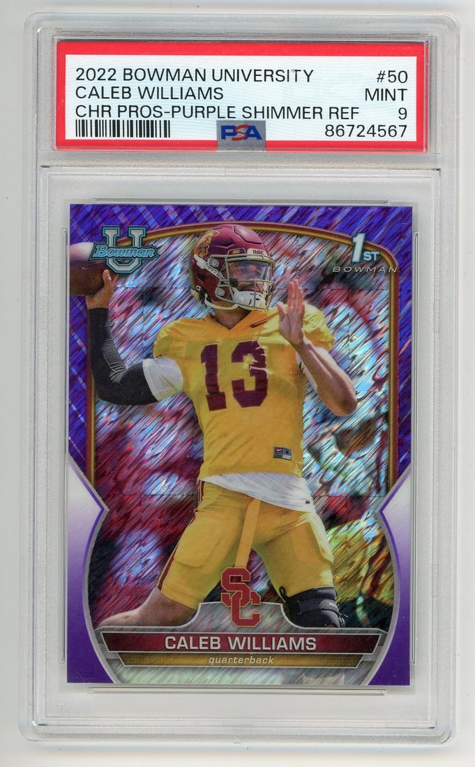 Williams 2022 Bowman Prospect Purple Shimmer Refractor Chrome Caleb: Williams 2022 Bowman Prospect Purple Shimmer Refractor Chrome Caleb Caleb Williams, the highly touted quarterback prospect from the University of Alabama, shines in this 2022 Bowman Prospect Purple