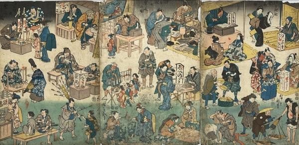 Hiroshige I Woodblock Print Triptych Joruri machi Hanka no Zu Antique Japan: Hiroshige I Woodblock Print Triptych Joruri machi Hanka no Zu Antique Japan Item Specifics: Artist: Utagawa Hiroshige I Subject: Joruri District Prosperity / Street Scene Material: Paper Style: Japane