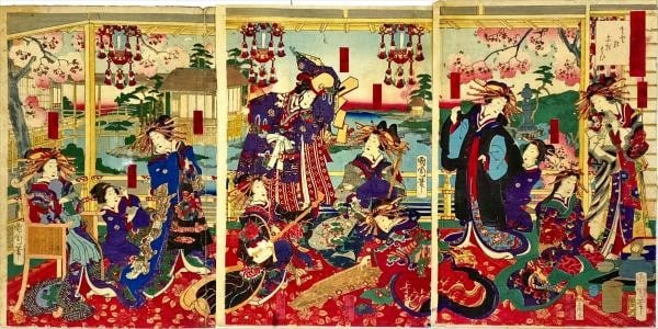 Toyohara Kunichika Woodblock Print Triptych Famous Courtesans Meiji Era: Toyohara Kunichika Woodblock Print Triptych Famous Courtesans Meiji Era Item Specifics: Artist: Toyohara Kunichika Subject: Courtesans Bijin-ga Material: Paper Style: Japanese Year Of Production: Meij