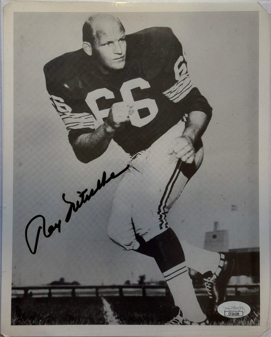 Ray Nitschke Autographed Packers 8x10 Football Photo (JSA): Ray Nitschke Autographed Packers 8x10 Football Photo (JSA) Ray Nitschke, the legendary linebacker for the Green Bay Packers, has signed this official 8x10 football photo in black sharpie. The James Sp