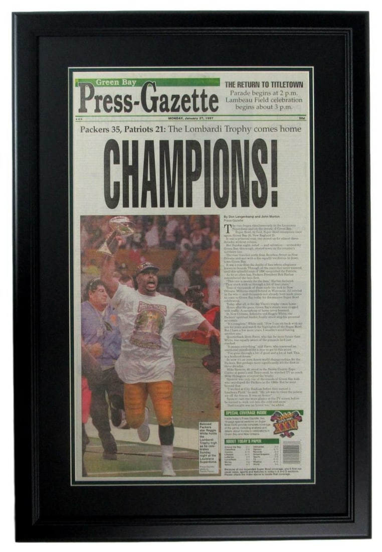 Green Bay Press Gazette 1997 Packers Super Bowl XXXI Newspaper Framed 152270: Green Bay Press Gazette 1997 Packers Super Bowl XXXI Newspaper Framed 152270 Framed in a classic design, this 1997 Green Bay Press Gazette newspaper commemorates the Packers' historic Super Bowl XXXI