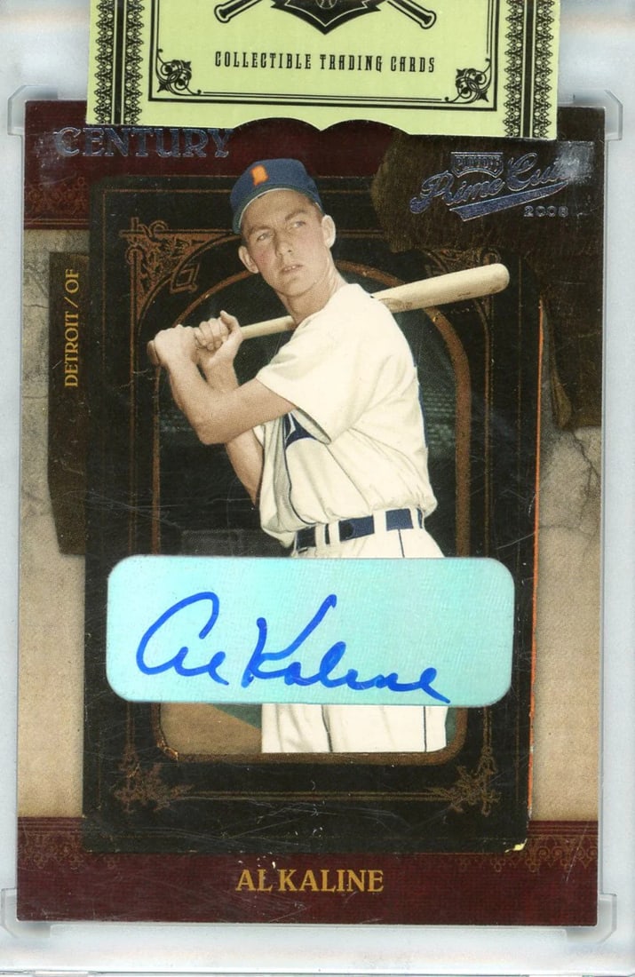 Al Kaline Autographed 2008 Playoff Prime Cuts Century Encased Card #1: Al Kaline Autographed 2008 Playoff Prime Cuts Century Encased Card #1 Factory signed in blue sharpie across the front of the card by Al Kaline, numbered 19 out of 28. This 2008 Playoff Prime Cuts