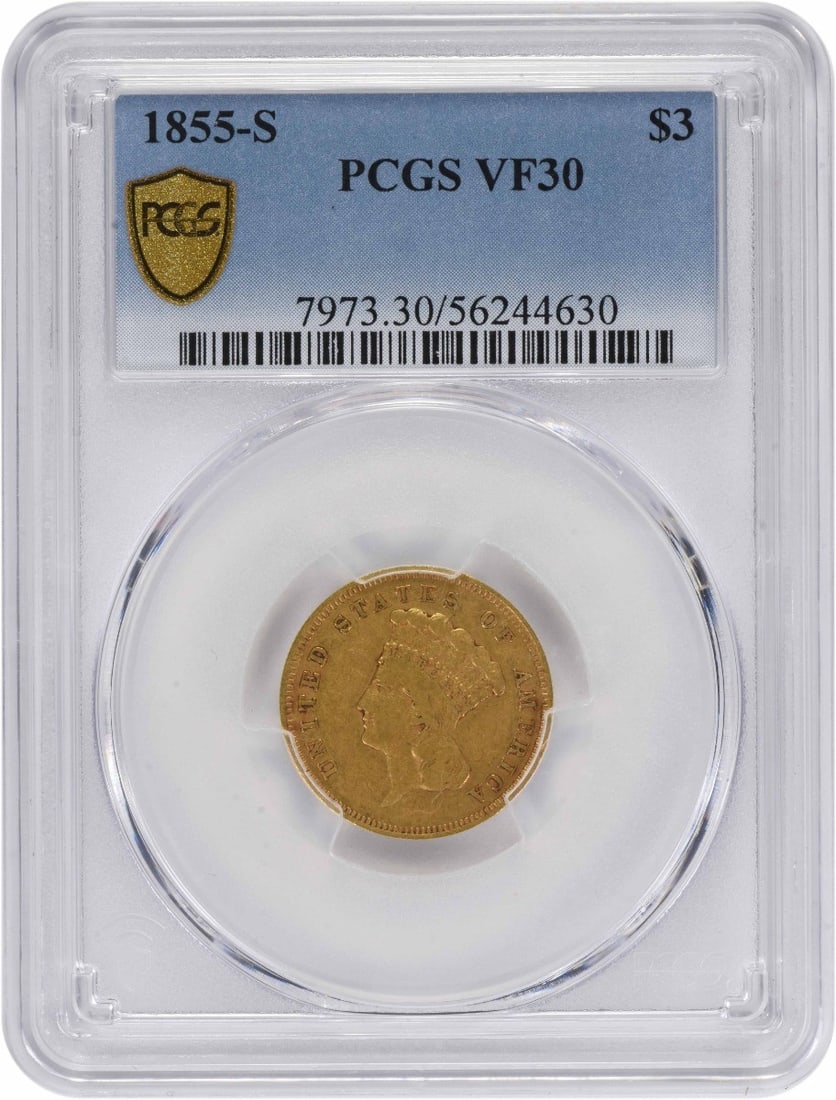 VF30 Gold $3 1855-S: VF30 Gold $3 1855-S The VF30 Gold $3 1855-S is a rare and historic coin, certified by PCGS as circulated. This 1855-S San Francisco minted coin features a reeded edge and weighs 5.02 grams, making it