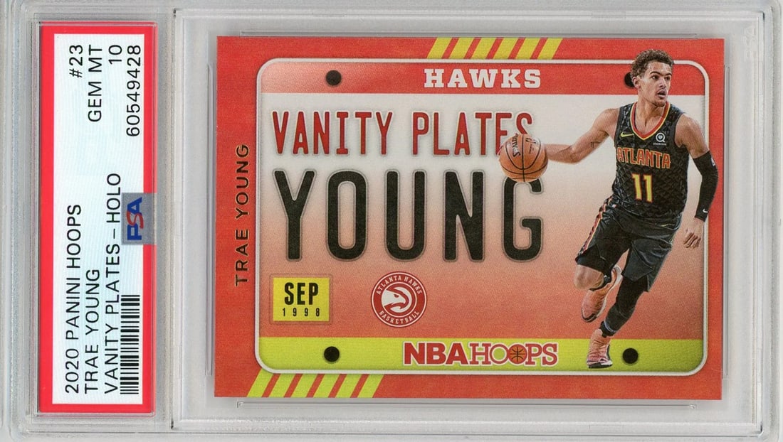 Trae Young 2020 Panini Hoops #23 Vanity Plates Holo PSA GEM MT 10 Card: Trae Young 2020 Panini Hoops #23 Vanity Plates Holo PSA GEM MT 10 Card Trae Young's 2020 Panini Hoops #23 Vanity Plates Holo PSA GEM MT 10 Card features a holographic foil finish and boasts a Gem Mint