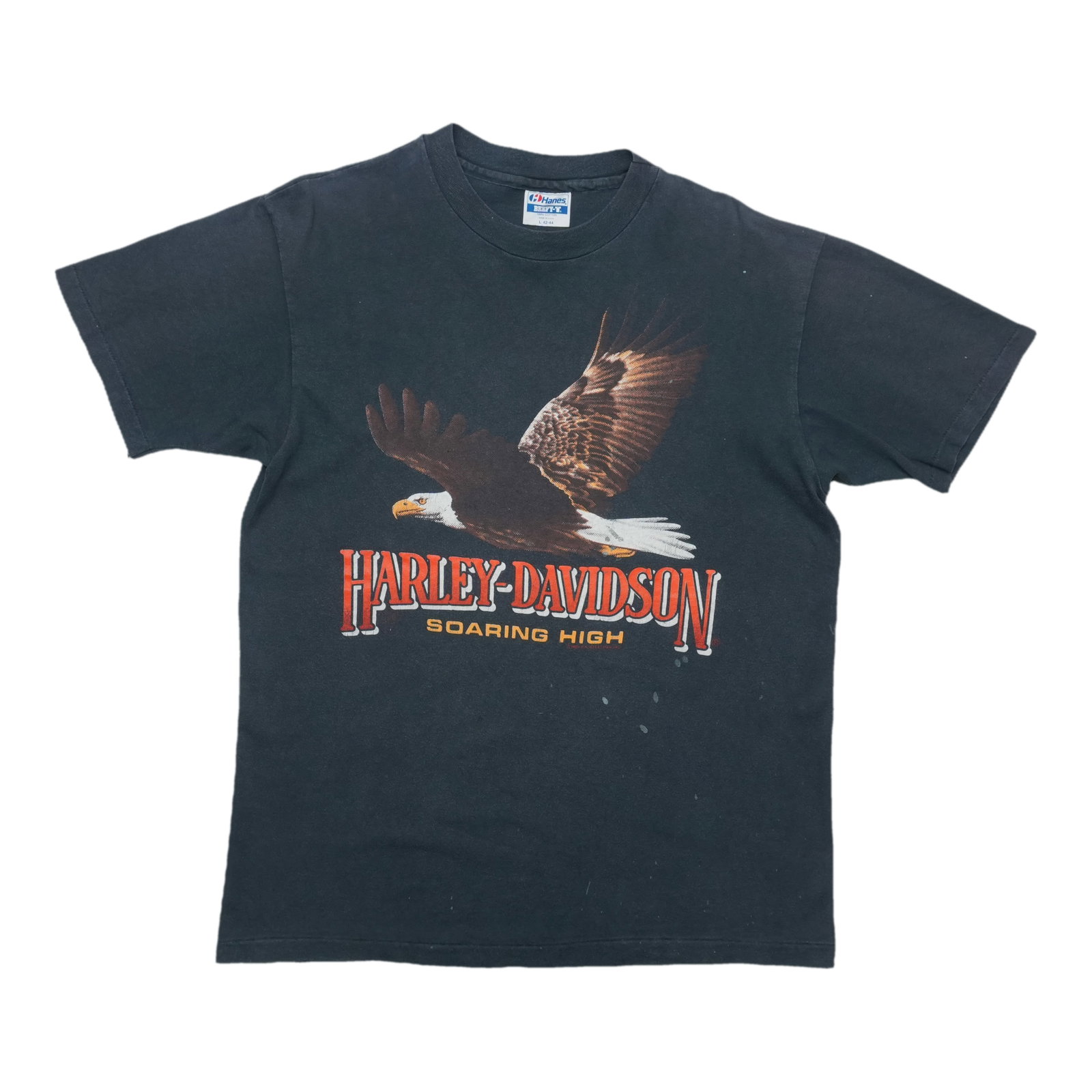 High Soaring Harley Davidson Shirt: High Soaring Harley Davidson Shirt Large, black 1989 Harley Davidson Soaring High Shirt with front and back graphics. This vintage shirt features a pit-to-pit measurement of 20.75 inches and a