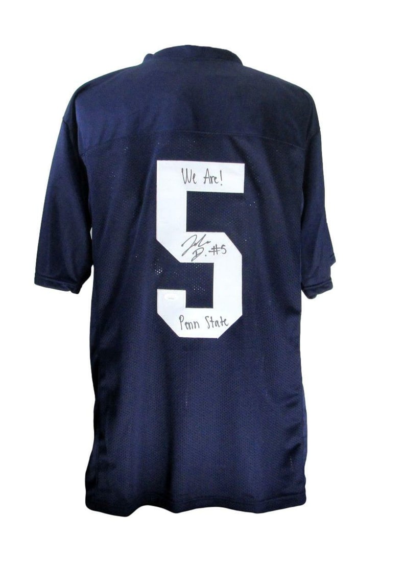 Jahan Dotson Signed/ Inscribed Penn State Blue Custom Football Jersey JSA 166153: Jahan Dotson Signed/ Inscribed Penn State Blue Custom Football Jersey JSA 166153 Signed by Jahan Dotson, the Penn State Blue Custom Football Jersey features an officially authenticated signature from