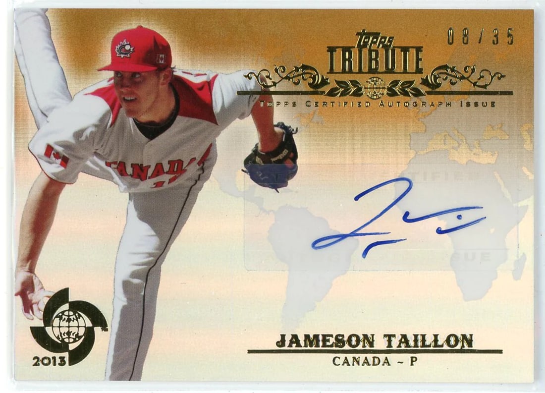 Jameson Taillon Autographed 2013 Topps Tribute WBC Refractor Card #WTA-JT: Jameson Taillon Autographed 2013 Topps Tribute WBC Refractor Card #WTA-JT Factory signed in blue sharpie across the front of the card by Jameson Taillon, numbered 8 out of 35. This 2013 Topps Tribute