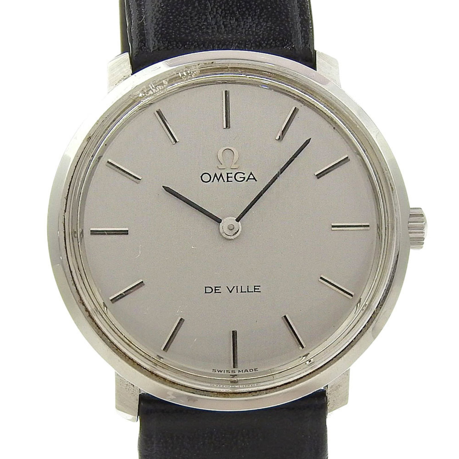 Omega Wristwatch: Omega Wristwatch Stainless steel case and silver dial provide a sleek, modern look for the Omega wristwatch. The leather and stainless steel band offers a comfortable fit for wrists ranging from
