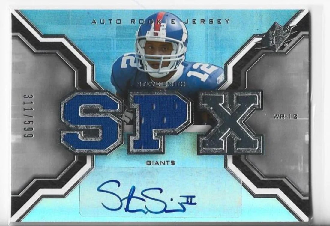 Upper Deck 2007 Autograph Jersey Card Rookie Steve Smith 214/ 599 SPX: Upper Deck 2007 Autograph Jersey Card Rookie Steve Smith 214/ 599 SPX Upper Deck 2007 Autograph Jersey Card Rookie Steve Smith #214/599 SPX - A rare and unique piece from the 2007 Upper Deck SPX set,