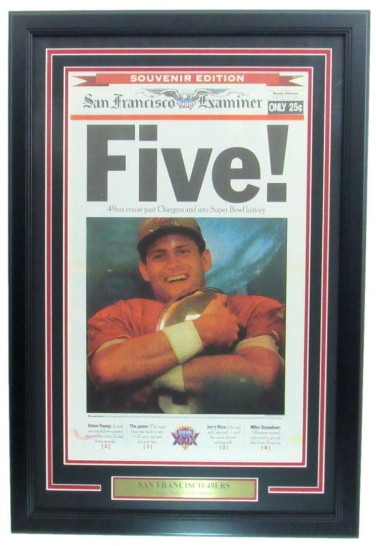 1995 San Francisco Examiner Newspaper 49ers Super Bowl XXIX Champs Framed 166170: 1995 San Francisco Examiner Newspaper 49ers Super Bowl XXIX Champs Framed 166170 Framed in a unique display, this 1995 San Francisco Examiner newspaper commemorates the 49ers' Super Bowl XXIX