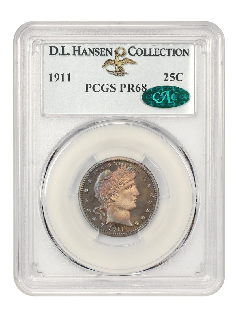 1911 25c PCGS/ CAC PR68 ex: D.L. Hansen - Barber Quarter - Registry Quality: 1911 25c PCGS/ CAC PR68 ex: D.L. Hansen - Barber Quarter - Registry Quality PR68 ex D.L. Hansen, this Barber Quarter boasts exceptional condition with a striking PR68 grade from the PCGS and CAC. Cert