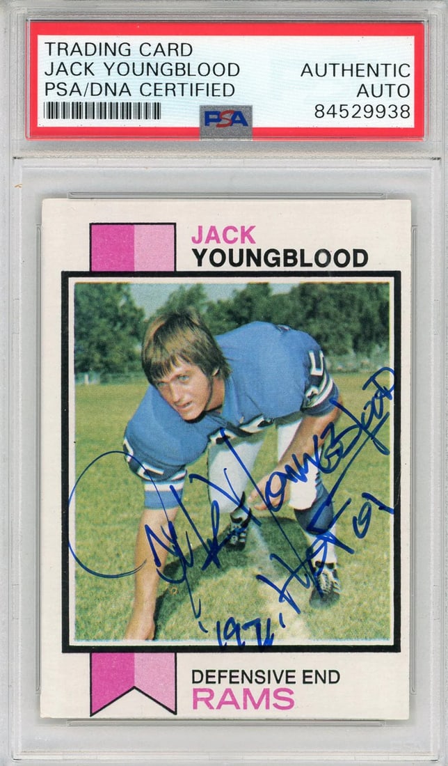 Jack Youngblood "HOF 01 1971" Autographed 1973 Topps Card #343 (PSA): Jack Youngblood "HOF 01 1971" Autographed 1973 Topps Card #343 (PSA) Signed by Jack Youngblood in blue sharpie, the 1973 Topps Card #343 features an inscription that reads "HOF 01 1971".