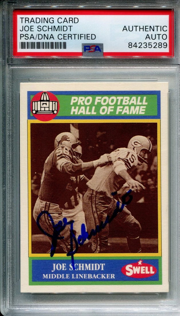 Joe Schmidt 1990 Autographed Swell Football Card (PSA): Joe Schmidt 1990 Autographed Swell Football Card (PSA) Joe Schmidt, the legendary defensive back, signs his name across the front of this 1990 Swell football card in sharpie. Authenticated and