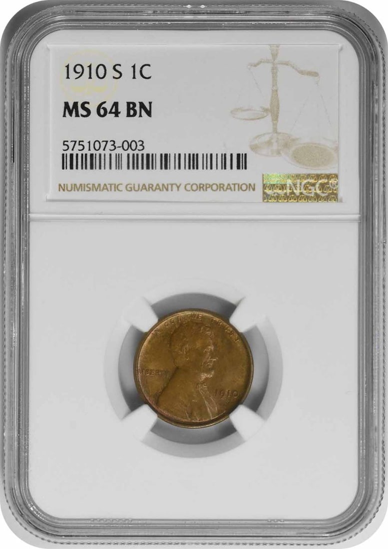 LINCOLN CENT MS64BN NGC 1910-S: LINCOLN CENT MS64BN NGC 1910-S MS64BN NGC certified Lincoln Wheat cent, minted in 1910 at the San Francisco Mint, boasts a crisp uncirculated condition with a rich copper tone and subtle wear. The