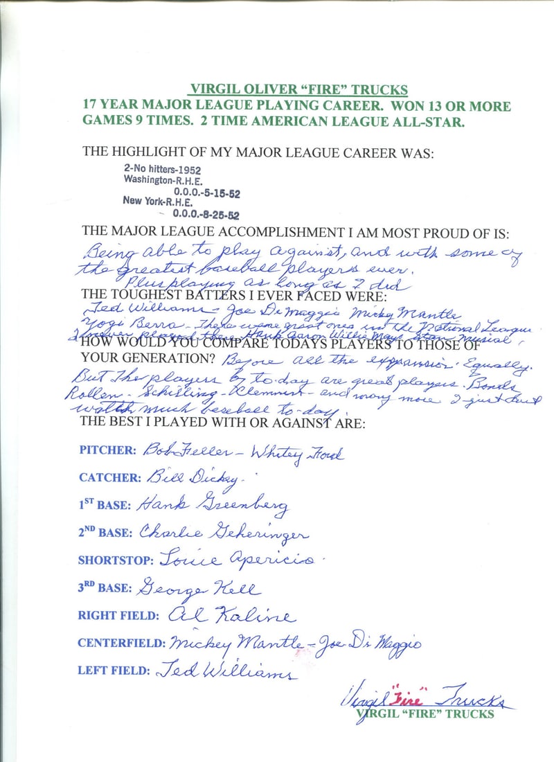 Virgil Oliver "Fire" Trucks Autographed Hand Filled Out Survey Page (1 of 1)
