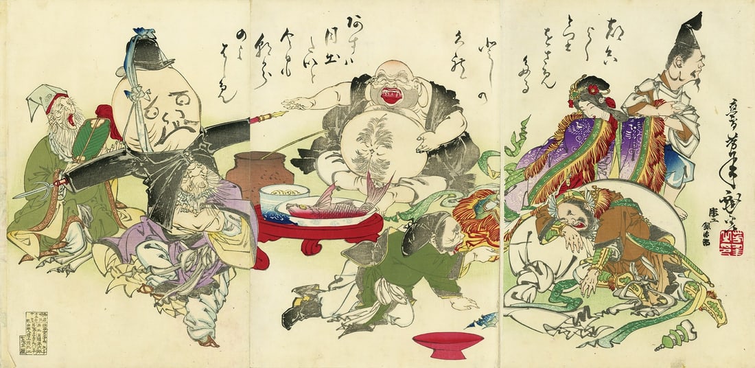 Woodblock print triptych lucky gods seven drinking party (1 of 1)