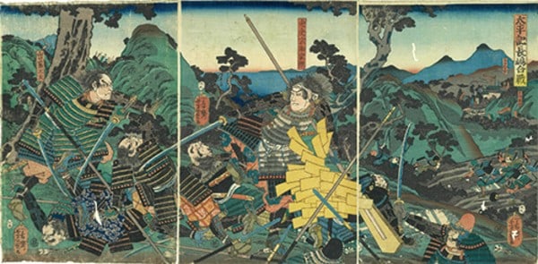 Woodblock Print Triptych Samurai 1858 Original Yoshikazu Battle of Nagashima (1 of 2)