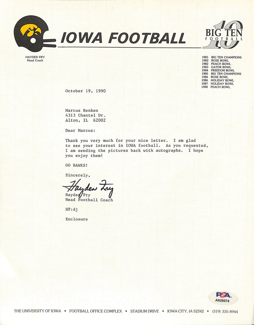 Hayden Fry Football Coach Signed TLS Letter University of Iowa PSA/ DNA 185277: Hayden Fry Football Coach Signed TLS Letter University of Iowa PSA/ DNA 185277 Signed TLS Letter from Hayden Fry, the legendary University of Iowa football coach, bears his name and signature. This