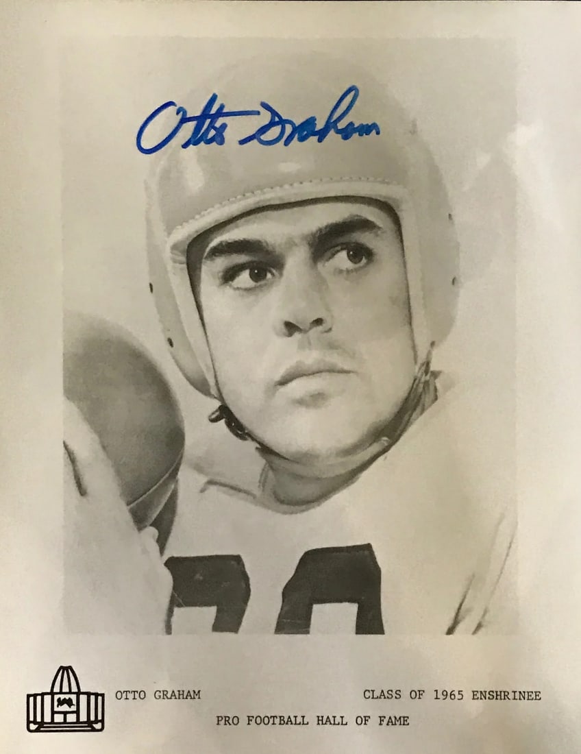 Otto Graham Autographed 8x10 (Black & White) Football Photo: Otto Graham Autographed 8x10 (Black & White) Football Photo Signed by Otto Graham in blue sharpie across the front, this black and white 8x10 football photo showcases the legendary quarterback's signa