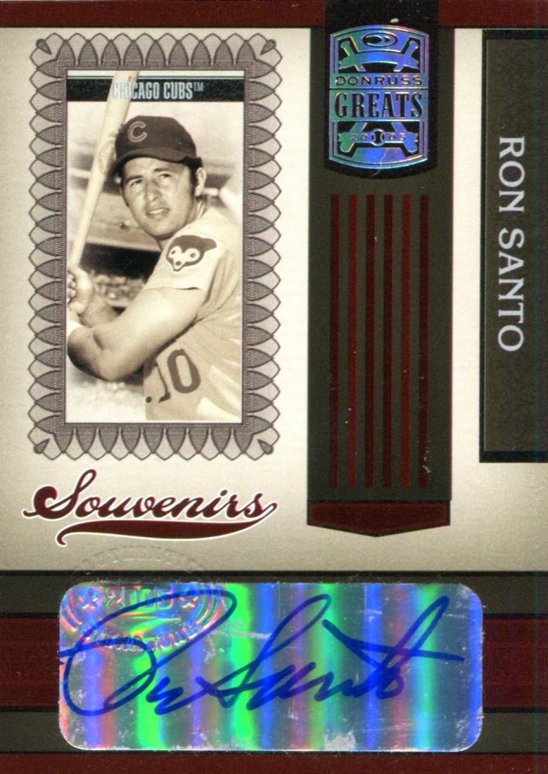 Ron Santo Autographed 2005 Donruss Greats Souvenirs Card: Ron Santo Autographed 2005 Donruss Greats Souvenirs Card Signed in blue sharpie across the front of the card, Ron Santo's autograph adds a unique touch to this 2005 Donruss Greats Souvenirs Card. The