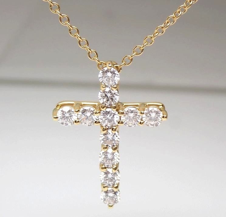 Tiffany & Co Small Cross Diamond 0.42ct 18k Yellow Gold Chain Necklace Pendant (1 of 9)