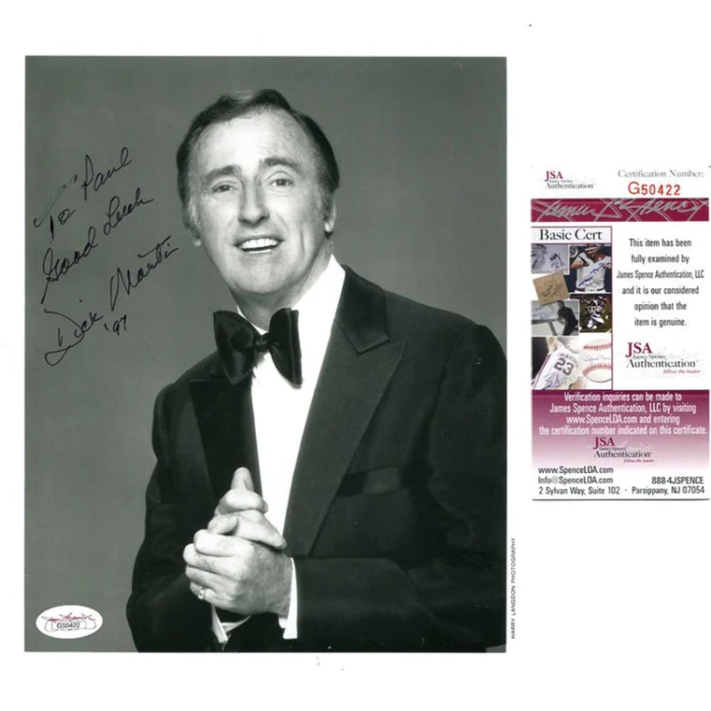 Dick Martin Autographed 8x10 Photo JSA: Dick Martin Autographed 8x10 Photo JSA A black and white 8x10 photo signed in black ink by Dick Martin, certified authentic by James Spence Authentication (JSA). This rare photograph features the
