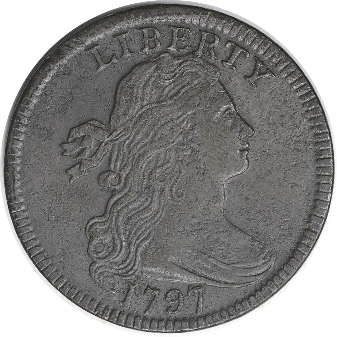 Uncertified Cent Large Porosity VF 1797: Uncertified Cent Large Porosity VF 1797 The 1797 Large Cent features a Draped Bust design by Robert Scot, showcasing a classic copper coin with a diameter of 28.00 millimeters and a plain edge. This c