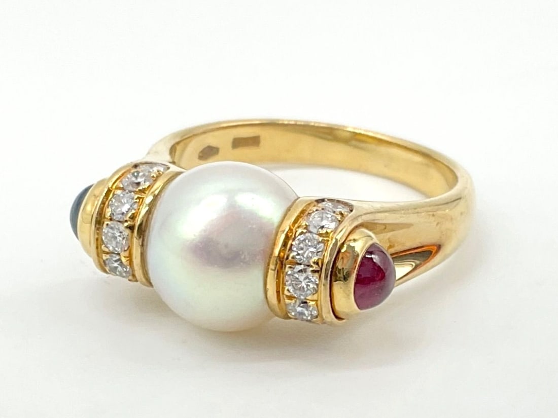 Bvlgari Vintage Pearl Ruby Sapphire Diamond 18k Yellow Gold Cocktail Ring EU49.5 (1 of 10)