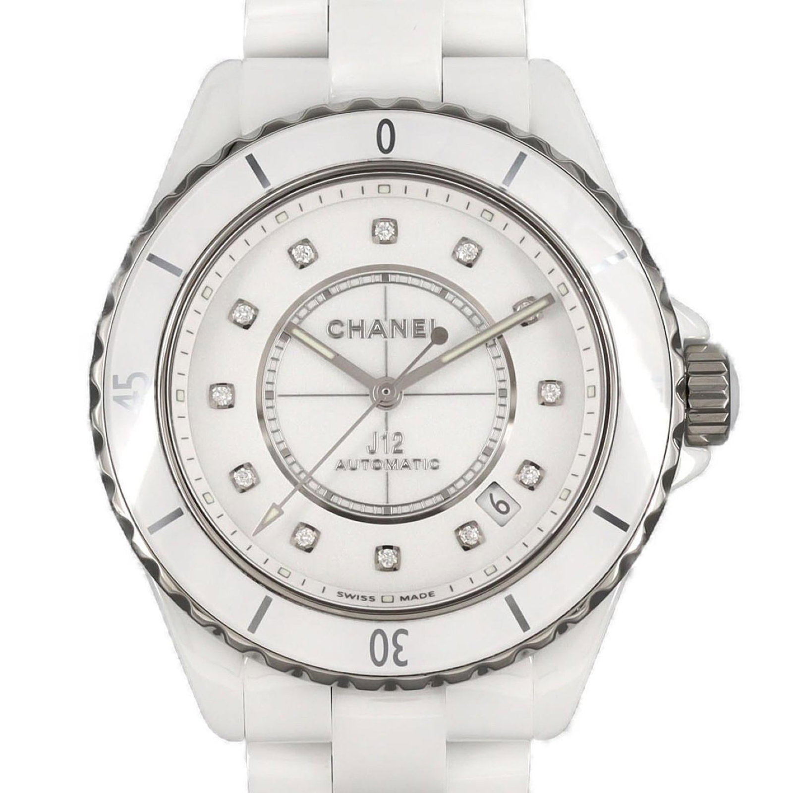 Chanel Wristwatch: Chanel Wristwatch Ceramic case and band give this Chanel wristwatch a sleek, modern look. The white dial features a diamond gemstone for added elegance, while the analog display provides a classic tou