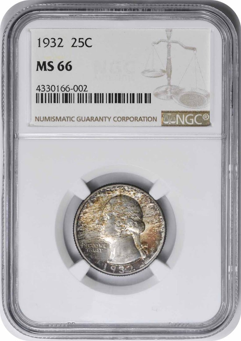 Silver MS66 Quarter 1932 Washington: Silver MS66 Quarter 1932 Washington MS66 graded Silver Quarter from 1932, featuring the iconic Washington design by John Flanagan. This coin boasts an impressive circulated/uncirculated grade and a