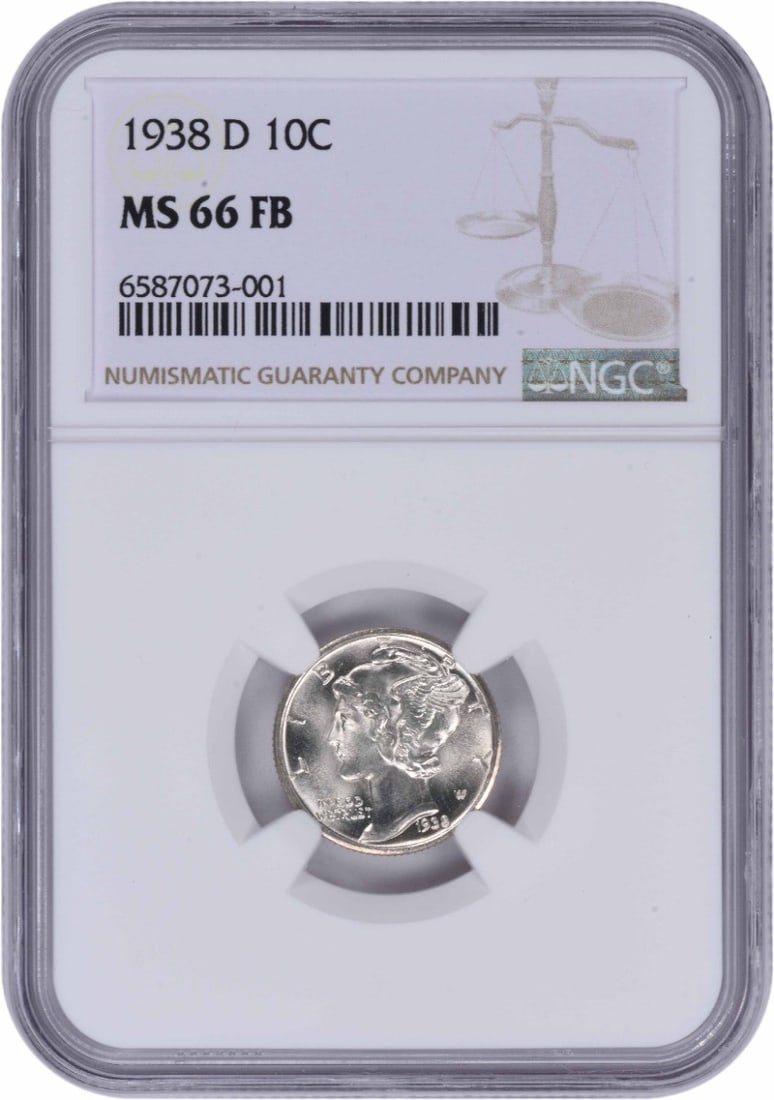 1938-D Mercury Silver Dime MS66FB NGC: 1938-D Mercury Silver Dime MS66FB NGC The 1938-D Mercury Silver Dime MS66FB NGC is a highly detailed and circulated uncirculated coin, certified by the Numismatic Guaranty Corporation (NGC) with a