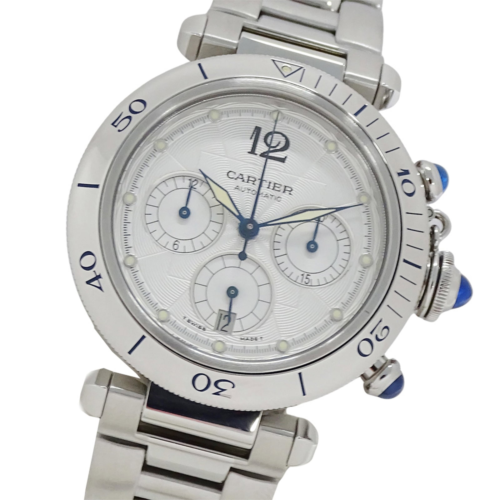 Cartier Wristwatch: Cartier Wristwatch Stainless steel case and band, the Cartier wristwatch boasts a silver dial with a classic design. Measuring 38mm in diameter, it's suitable for wrists up to 19cm in length. The watc