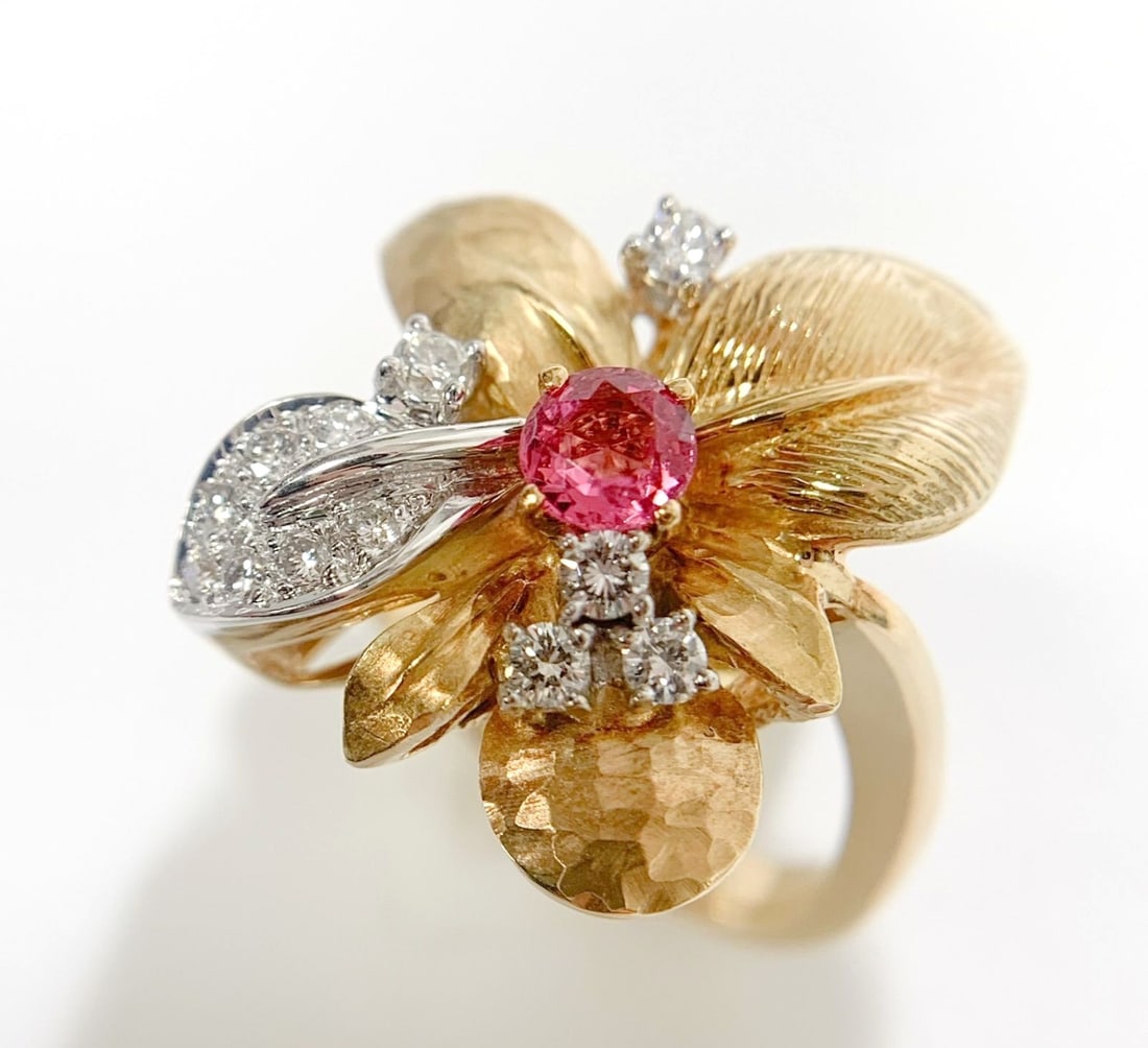 Diamond Pink Sapphire Mouawad Yellow Gold 18k Textured Flower Leaf Cocktail Ring (1 of 7)