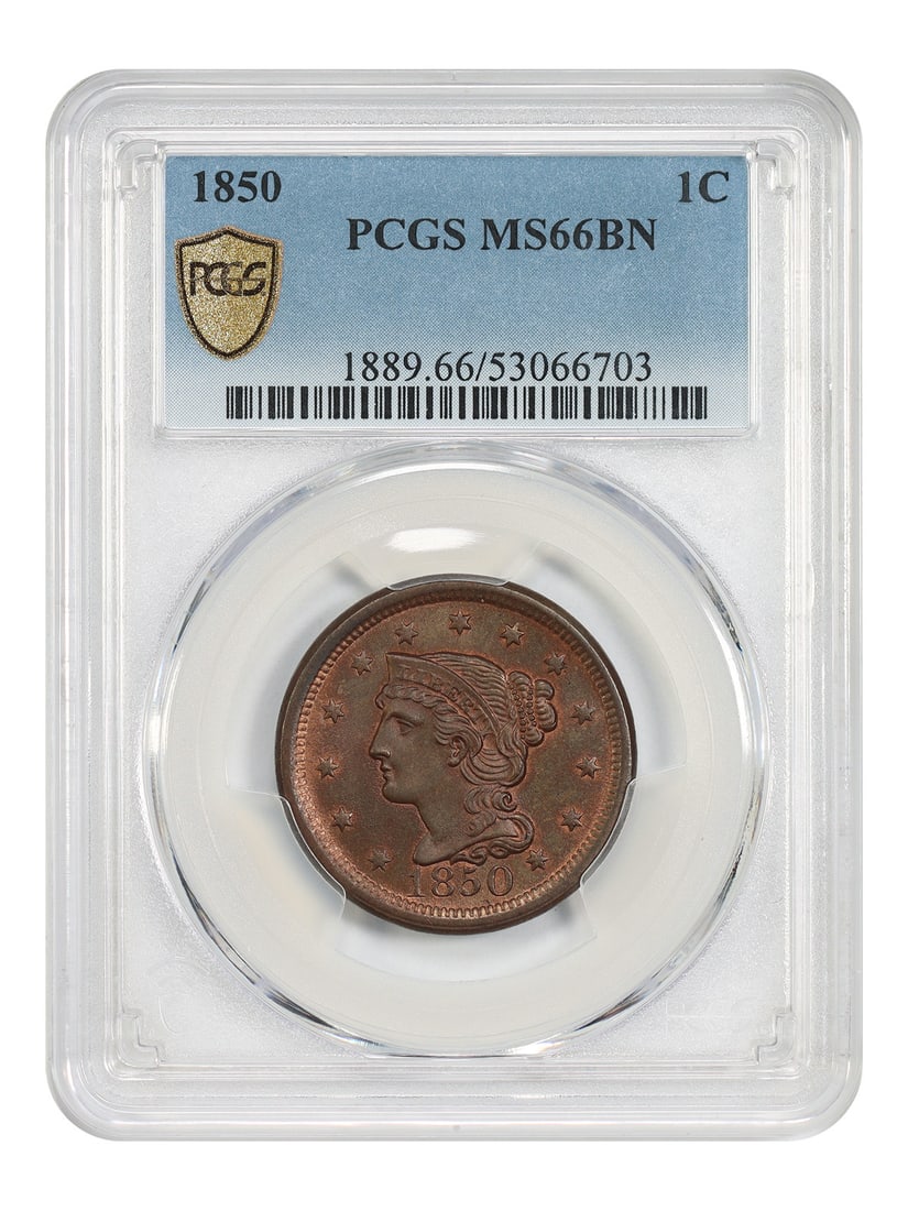 1850 1C PCGS MS66BN - Braided Hair Cent: 1850 1C PCGS MS66BN - Braided Hair Cent The Braided Hair Cent, minted in 1850, boasts a stunning MS66BN grade, indicating exceptional condition with subtle nuances. This uncirculated coin features