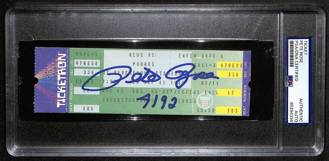 Pete Rose Signed/ Inscr Sept 11, 1985 Full Ticket 4192 Hit Reds PSA/ DNA 190598: Pete Rose Signed/ Inscr Sept 11, 1985 Full Ticket 4192 Hit Reds PSA/ DNA 190598 Signed by Pete Rose on September 11, 1985, this full ticket commemorates his historic 4192nd hit with the Reds. The