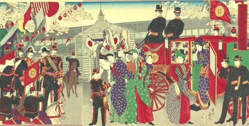Meiji 3rd National Industrial Exhibition Triptych 1890 Chikanobu Woodblock Print: Meiji 3rd National Industrial Exhibition Triptych 1890 Chikanobu Woodblock Print Item Specifics: Artist: Toyohara Chikanobu Subject: Imperial Visit Industrial Exhibition Meiji Era History Material: Pa
