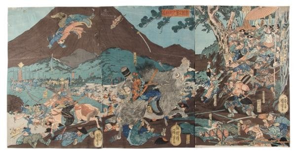 Kuniyoshi Woodblock Print Triptych Lord Yoritomo Mt Fuji Grand Hunting Ukiyo e: Kuniyoshi Woodblock Print Triptych Lord Yoritomo Mt Fuji Grand Hunting Ukiyo e Item Specifics: Artist: Utagawa Kuniyoshi Subject: Samurai Hunting Mount Fuji History Material: Washi Paper Style: Japane