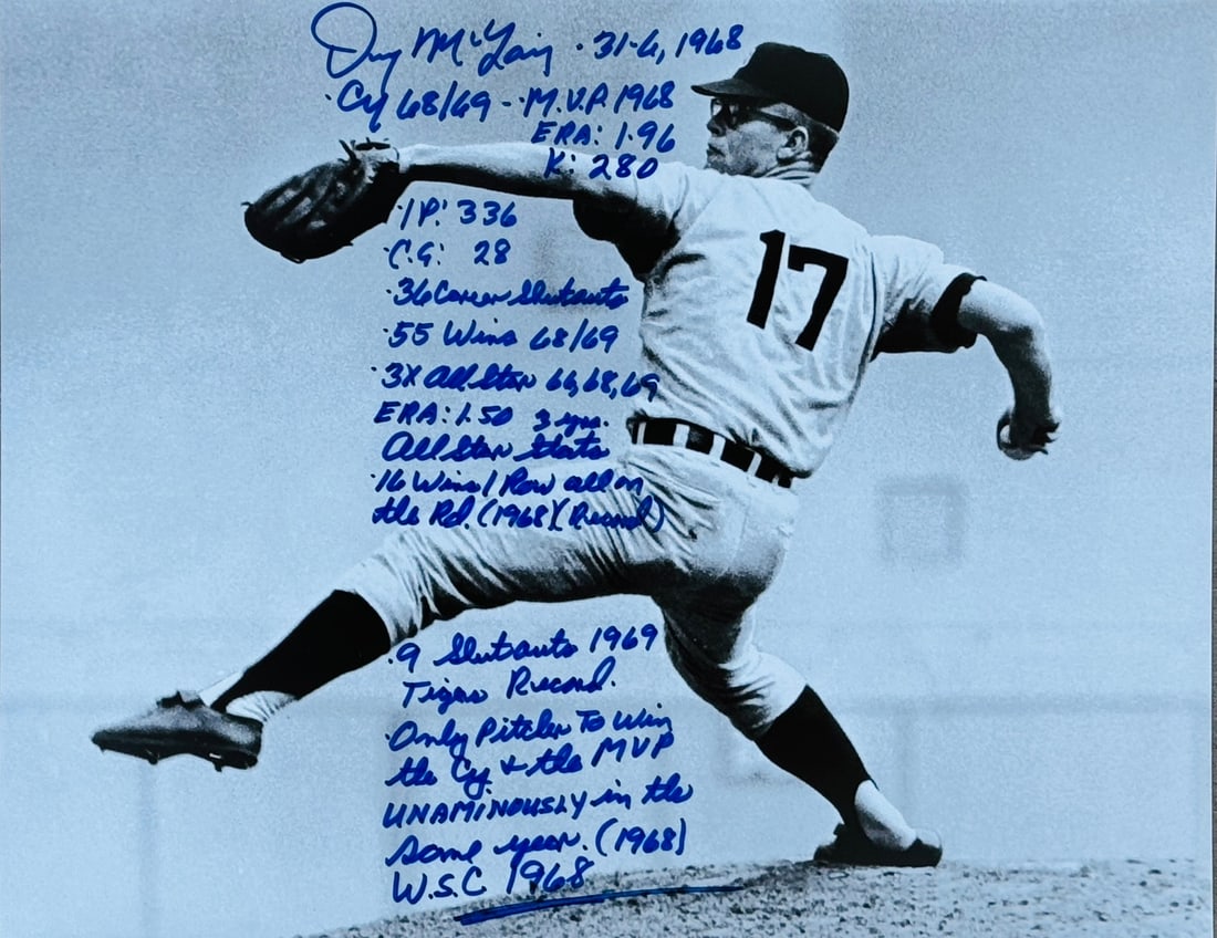 Denny McLain Autographed 11x14 Baseball Stat Photo: Denny McLain Autographed 11x14 Baseball Stat Photo Denny McLain's sharpie signature adds authenticity to this official baseball stat photo, capturing the pitcher's impressive career statistics on a