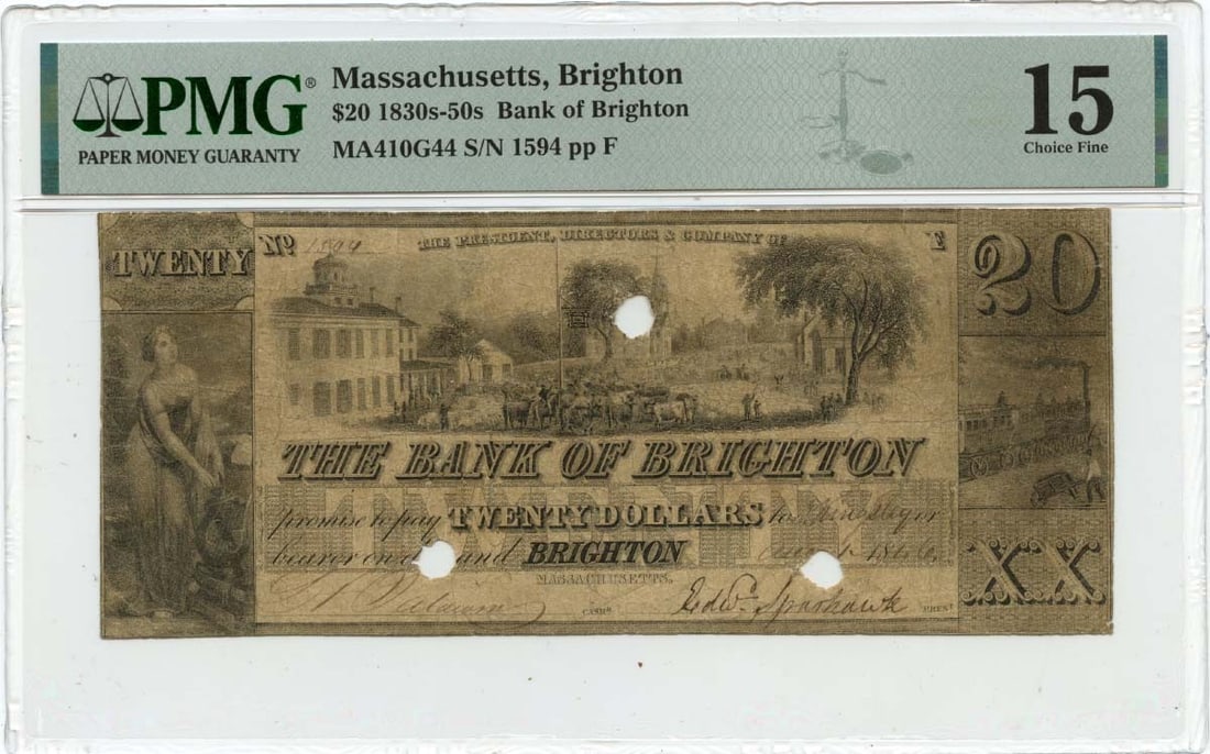 1846 $20 Brighton, Massachusetts Obsolete Note Bank of Brighton PMG F15 (1 of 2)