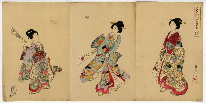Chikanobu Japan Woodblock Prints Antique Ukiyo-e Black Hair Kimono Cute Triptych: Chikanobu Japan Woodblock Prints Antique Ukiyo-e Black Hair Kimono Cute Triptych Item Specifics: Primary Material: Paper Type: Japanese Woodblock Print Color: Multi-Color Original/Reproduction: Antiqu