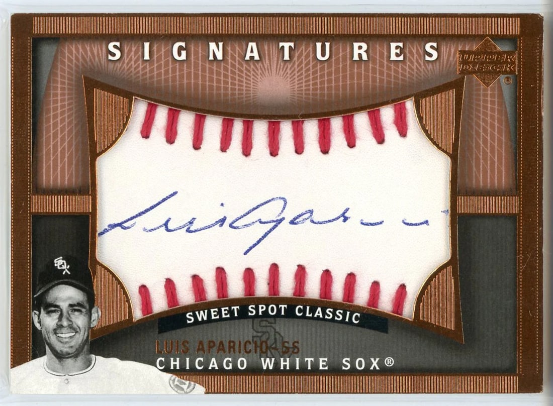Luis Aparicio Autographed 2005 Upper Deck Sweet Spot Classic Signatures Card: Luis Aparicio Autographed 2005 Upper Deck Sweet Spot Classic Signatures Card Luis Aparicio's signature on the front of this 2005 Upper Deck Sweet Spot Classic Signatures Card in blue pen adds a unique