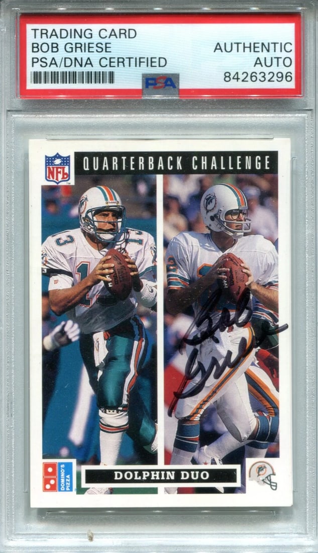 Griese Autographed Dominos Card 1991 Upper Deck Bob PSA: Griese Autographed Dominos Card 1991 Upper Deck Bob PSA Bob Griese's sharpie signature across the front of this 1991 Upper Deck Dominos card adds a unique touch to any sports memorabilia collection.