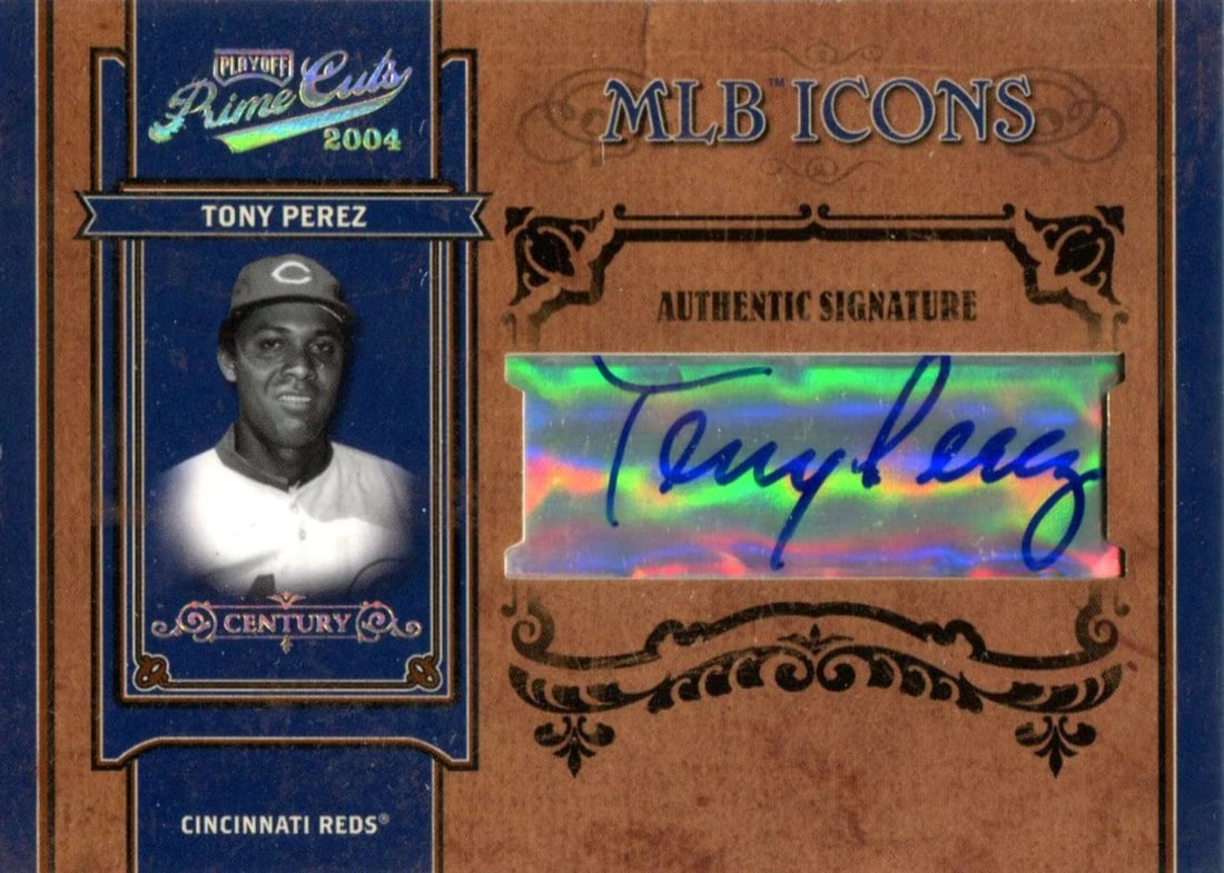 Tony Perez Autographed 2005 Donruss Playoff Prime Cuts MLB Icons Card: Tony Perez Autographed 2005 Donruss Playoff Prime Cuts MLB Icons Card Tony Perez's name and image are prominently displayed across the front of this autographed card, bearing his signature in blue