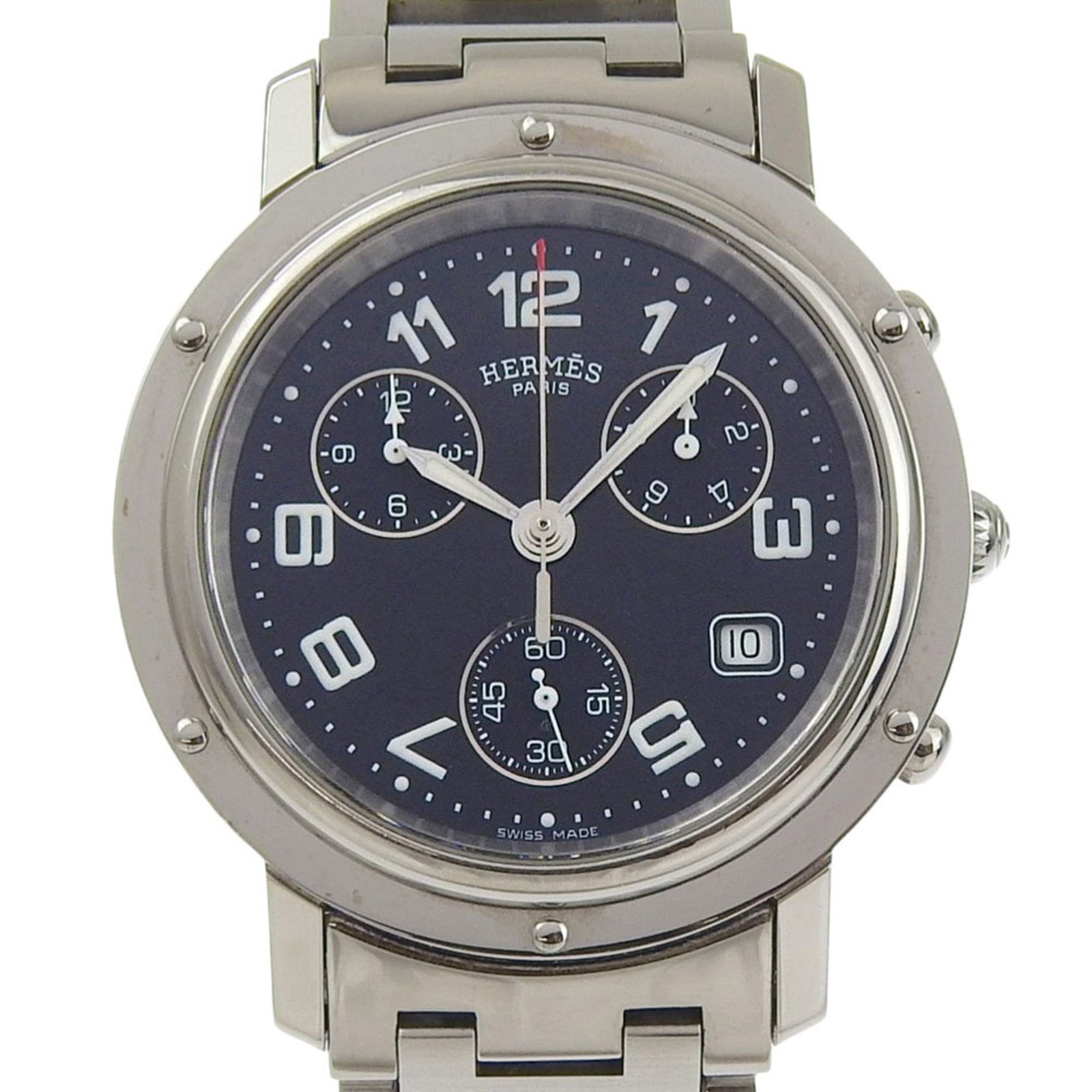 Hermes Wristwatch: Hermes Wristwatch Stainless steel case and band, the Hermes wristwatch boasts a sleek black dial. Measuring 38mm in diameter, it fits wrists up to 17.5cm in size. With traces of usage visible, this us