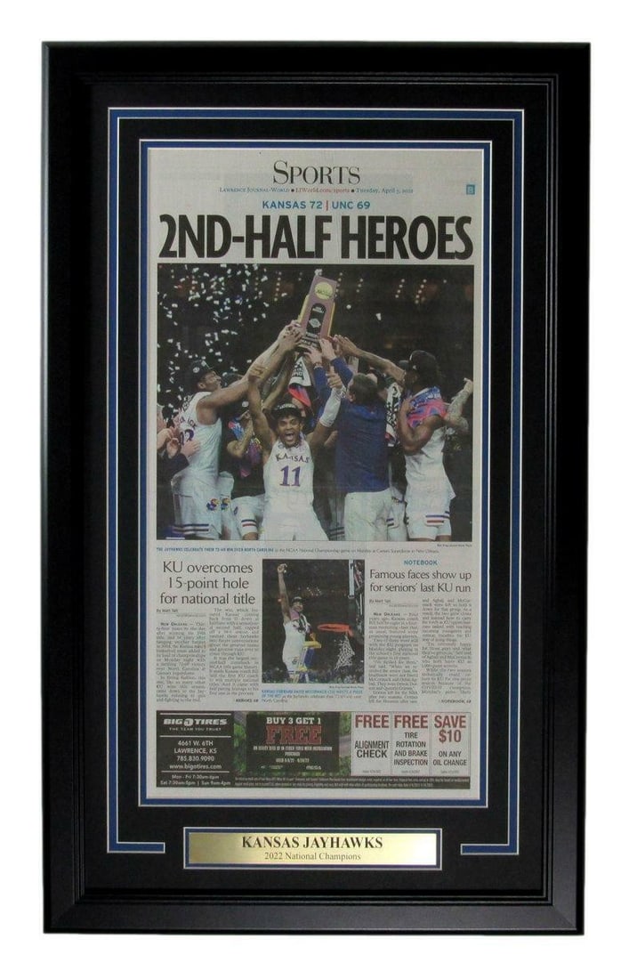 Lawrence Journal-World Newspaper Kansas Jayhawks 2022 NCAA Champs Framed 168250: Lawrence Journal-World Newspaper Kansas Jayhawks 2022 NCAA Champs Framed 168250 The Kansas Jayhawks' historic 2022 NCAA Championship win is proudly displayed in this framed newspaper, featuring the