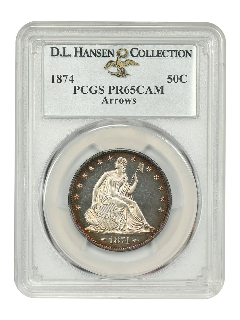 PCGS PR65CAM Arrows 1874 50C ex D.L. Hansen: PCGS PR65CAM Arrows 1874 50C ex D.L. Hansen PCGS PR65CAM Arrows 1874 50C ex D.L. Hansen bears the distinctive CAM strike type, a hallmark of Philadelphia Mint production. This uncirculated coin