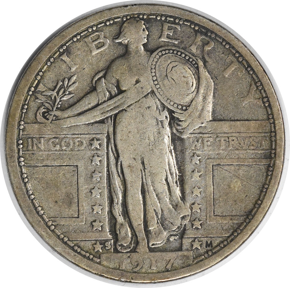 1917-S Standing Liberty Silver Quarter Type 1 F Uncertified: 1917-S Standing Liberty Silver Quarter Type 1 F Uncertified This 1917-S Standing Liberty Silver Quarter Type 1 coin features the iconic design of Hermon A. Mac Neil, with its reeded edge and