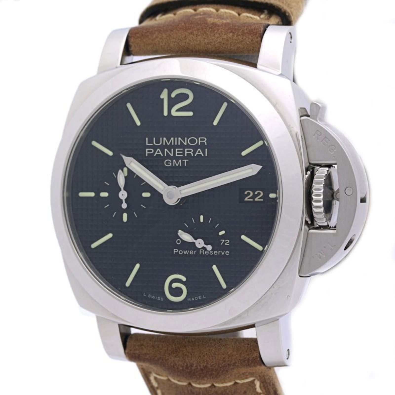 Panerai Wristwatch: Panerai Wristwatch The Panerai wristwatch boasts a sleek stainless steel case and black leather band, combining style with durability. Its 42mm diameter makes it suitable for wrists up to 19.5cm in si
